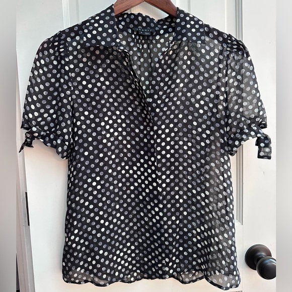 State Womens Short Sleeve Vintage Scatter Dot Tie Waist Blouse White Size S
